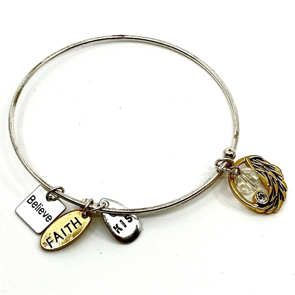 Vintage KIS Two Tone Inspirational Charm Wire Bangle Bracelet‎ Faith Believe Y2K